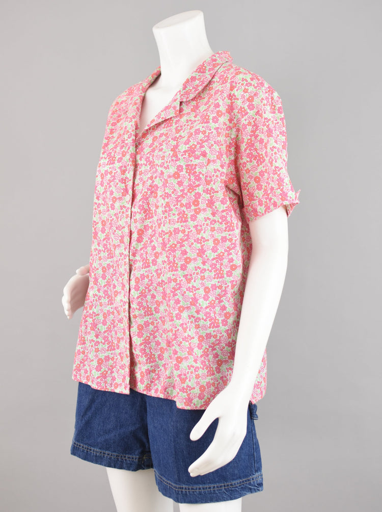 90s Pink Floral Short Sleeve Shirt Women's Extra Large