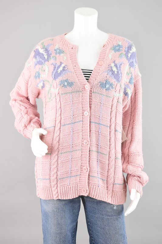 Vintage Pastel Pink Floral Cardigan, Women's Medium