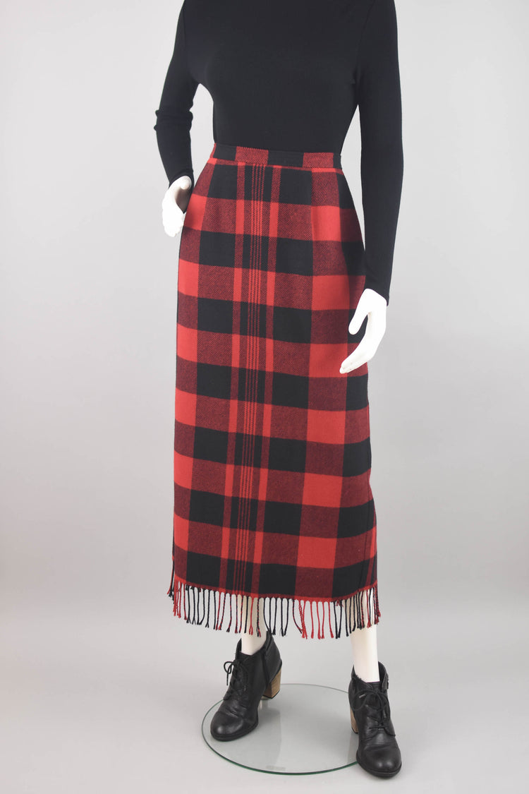 90s Plaid Blanket Skirt with Fringe, Women's Size 8, 28"Waist