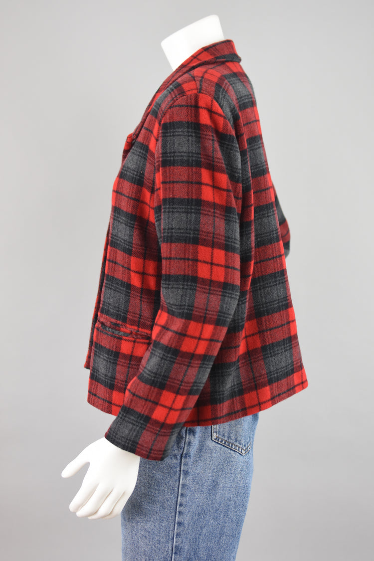 90s Red Plaid Coat with Shoulder Pads, Women's Petite Size 12