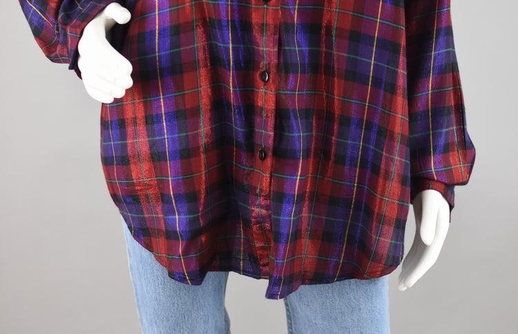 90s Oversized Plaid Metallic Shirt, Black Velvet Collar, Women's Large