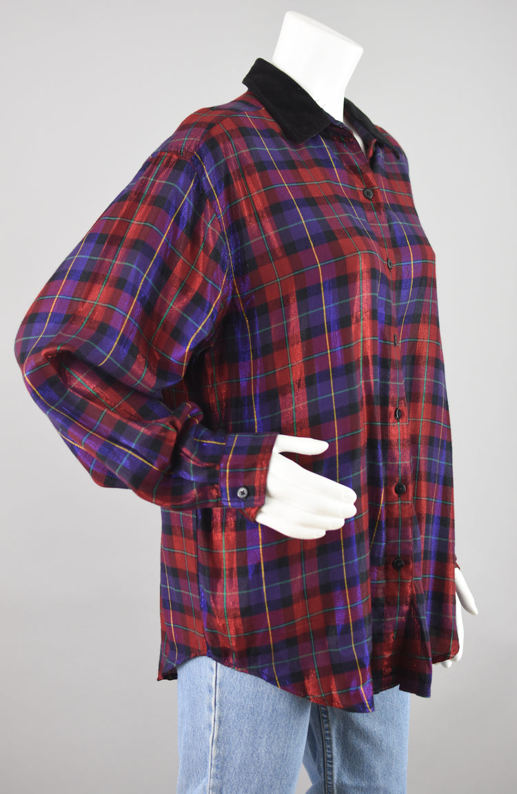 90s Oversized Plaid Metallic Shirt, Black Velvet Collar, Women's Large