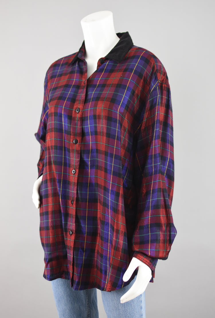 90s Oversized Plaid Metallic Shirt, Black Velvet Collar, Women's Large