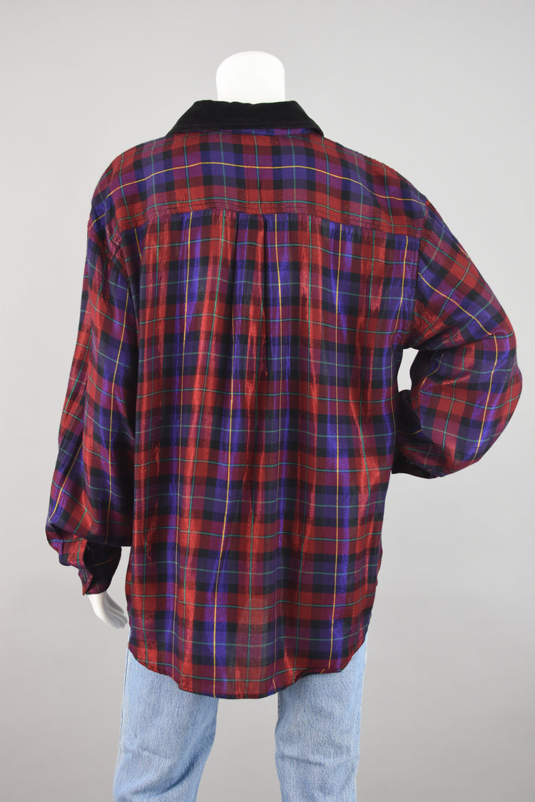 90s Oversized Plaid Metallic Shirt, Black Velvet Collar, Women's Large