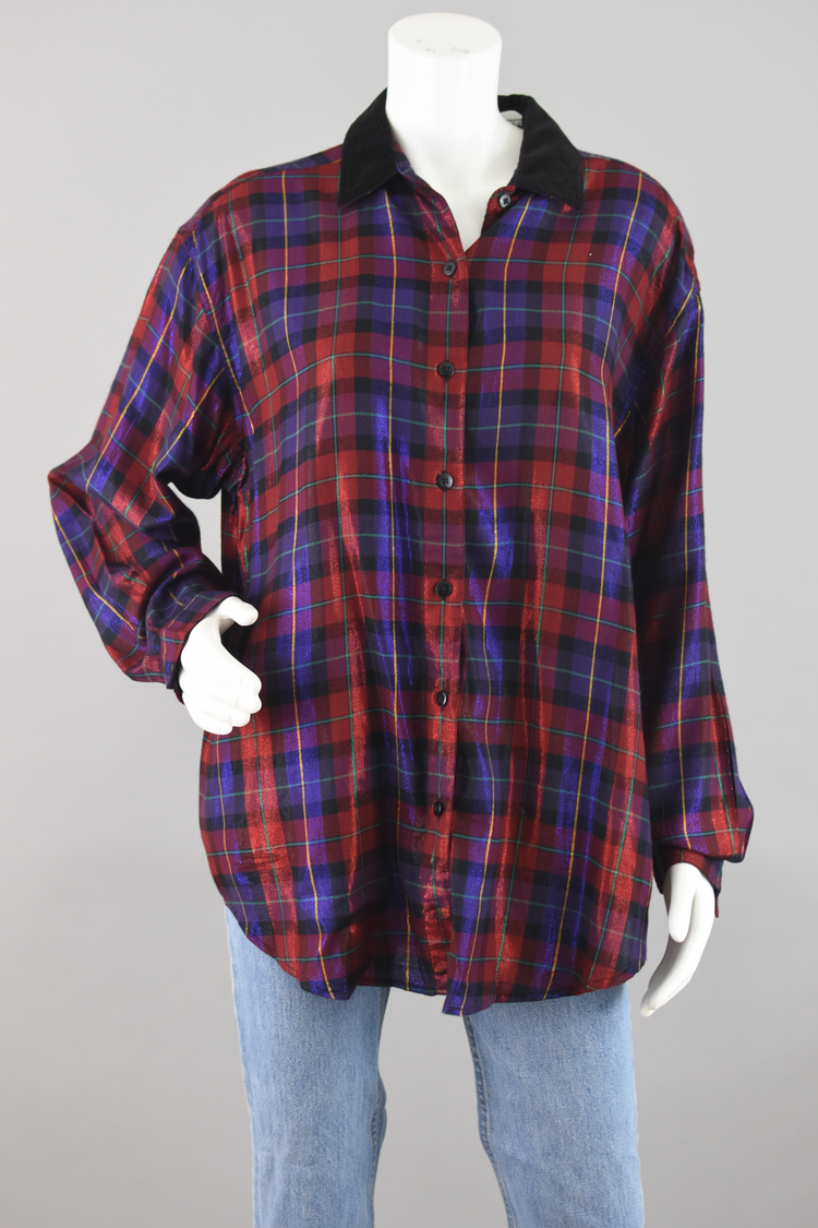 90s Oversized Plaid Metallic Shirt, Black Velvet Collar, Women's Large