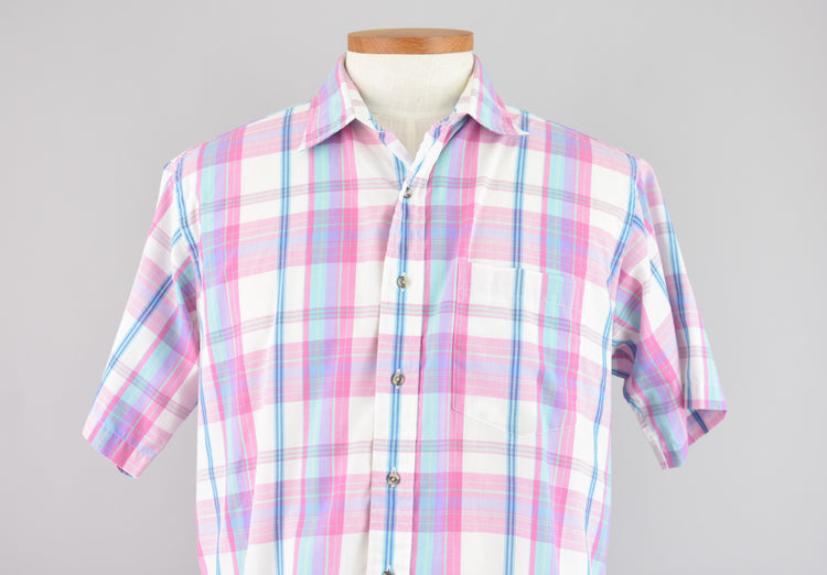 80s Pink Plaid Short Sleeve Shirt Men's Large