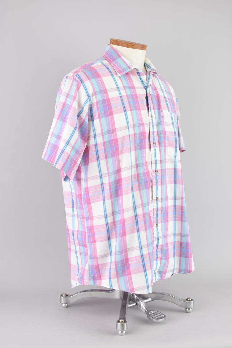 80s Pink Plaid Short Sleeve Shirt Men's Large