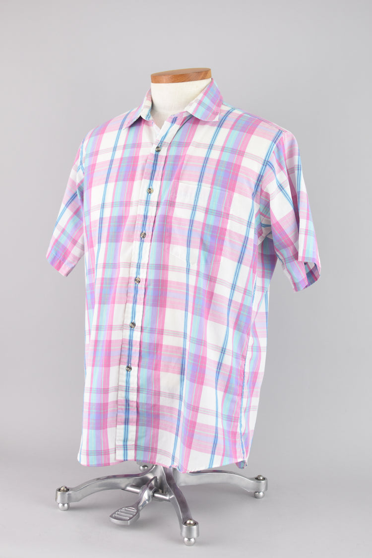 80s Pink Plaid Short Sleeve Shirt Men's Large