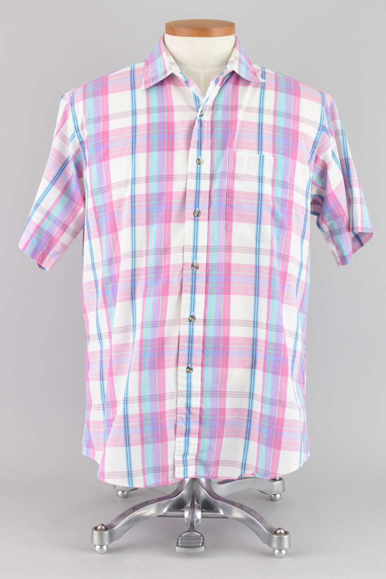 80s Pink Plaid Short Sleeve Shirt Men's Large