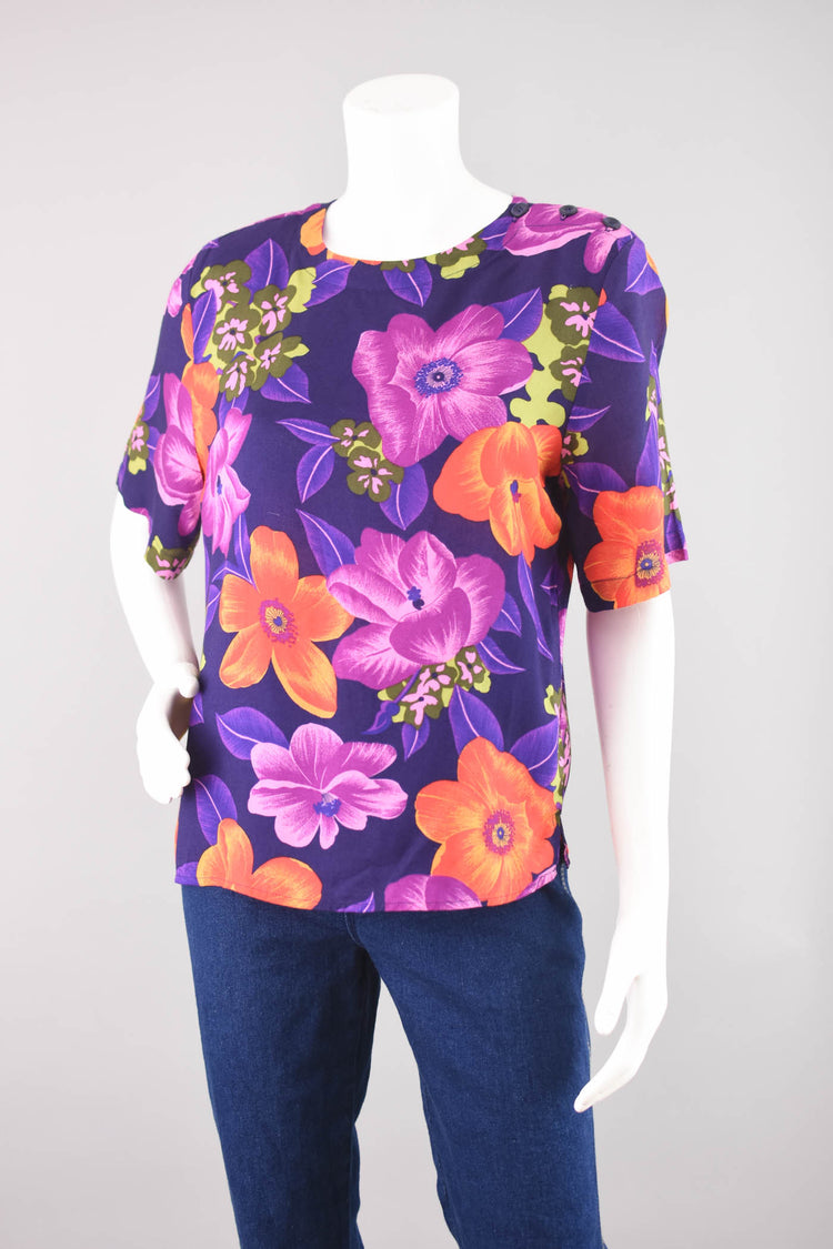 Vintage Floral Short Sleeve Purple Blouse, Women's Medium