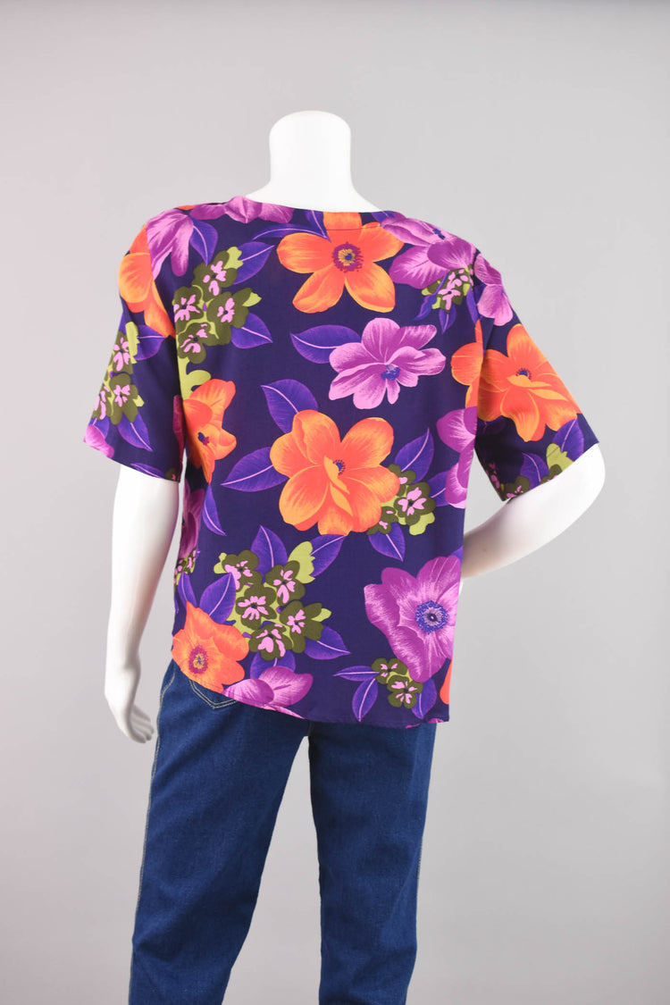 Vintage Floral Short Sleeve Purple Blouse, Women's Medium