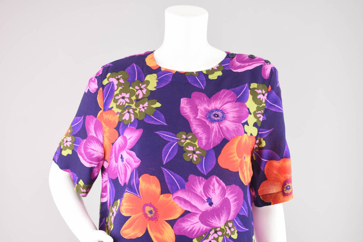 Vintage Floral Short Sleeve Purple Blouse, Women's Medium