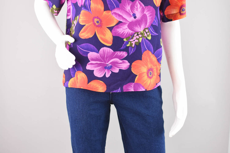 Vintage Floral Short Sleeve Purple Blouse, Women's Medium