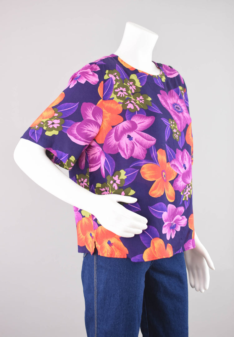 Vintage Floral Short Sleeve Purple Blouse, Women's Medium