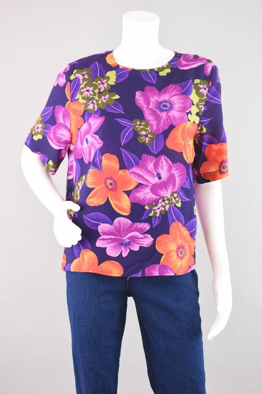 Vintage Floral Short Sleeve Purple Blouse, Women's Medium