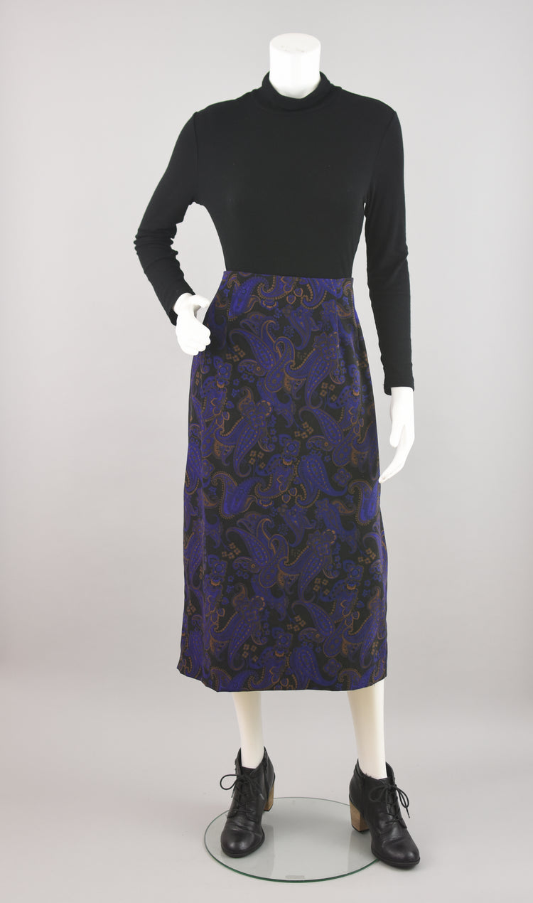 90s Purple Paisley Ultrasuede Skirt Women's 12 Petite, 30" Waist