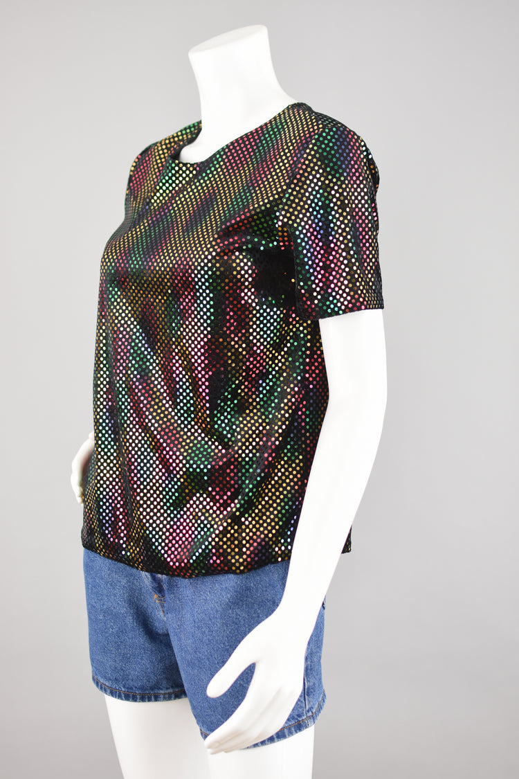 90s Black Velvet Shirt with Metallic Rainbow Dots Women's Small - Medium