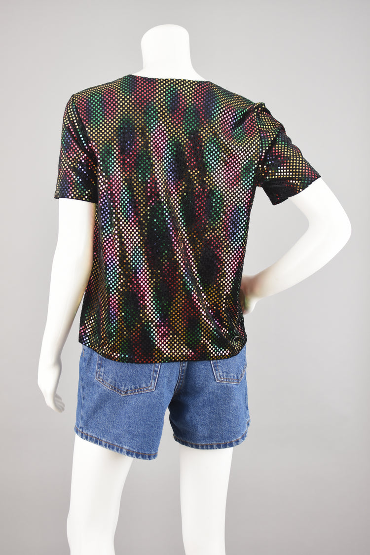 90s Black Velvet Shirt with Metallic Rainbow Dots Women's Small - Medium