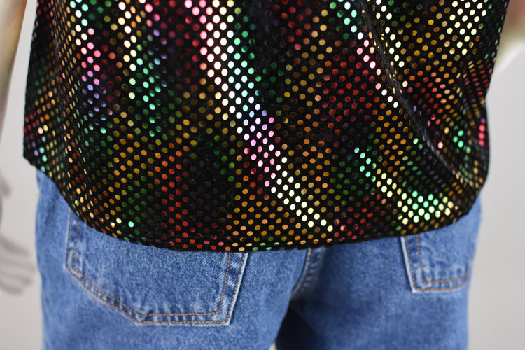 90s Black Velvet Shirt with Metallic Rainbow Dots Women's Small - Medium