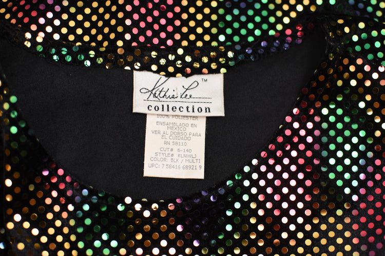 90s Black Velvet Shirt with Metallic Rainbow Dots Women's Small - Medium