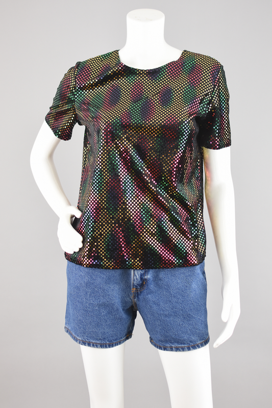 90s Black Velvet Shirt with Metallic Rainbow Dots Women's Small - Medium