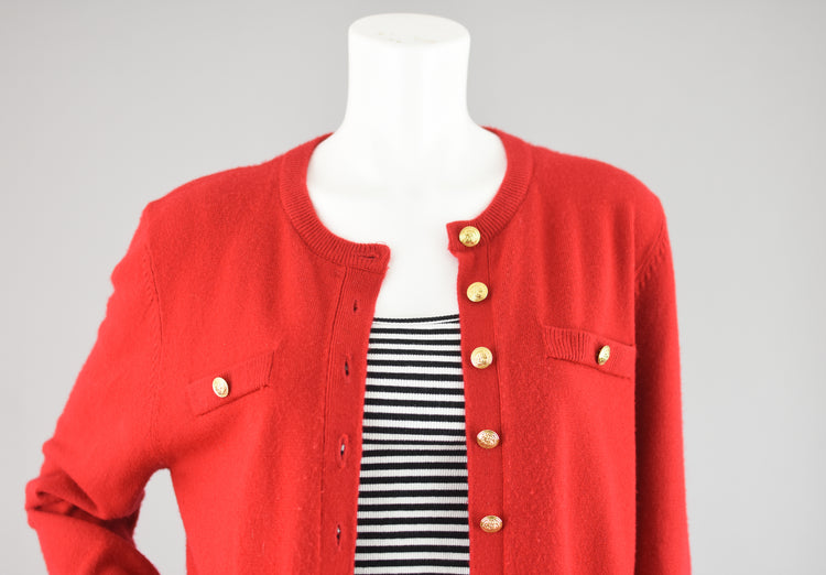 80s Red Cardigan with Crest Buttons, Petite Medium