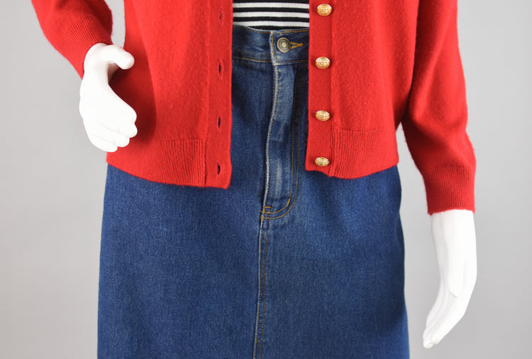 80s Red Cardigan with Crest Buttons, Petite Medium