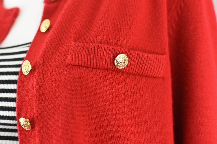 80s Red Cardigan with Crest Buttons, Petite Medium