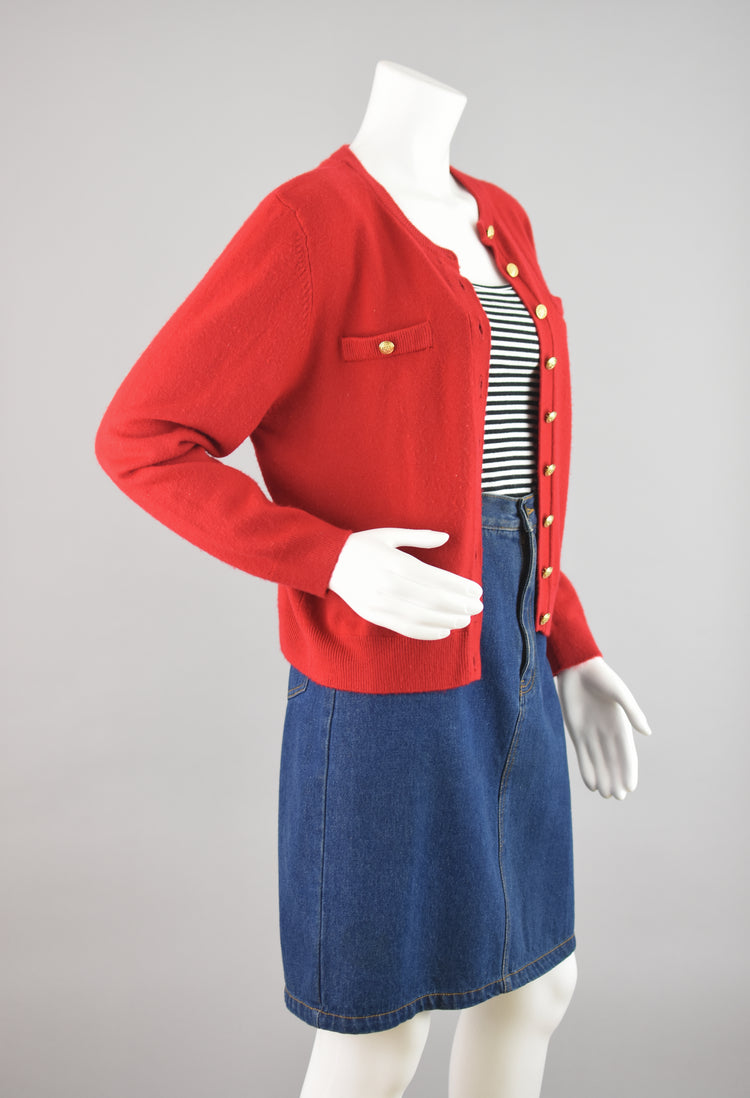 80s Red Cardigan with Crest Buttons, Petite Medium