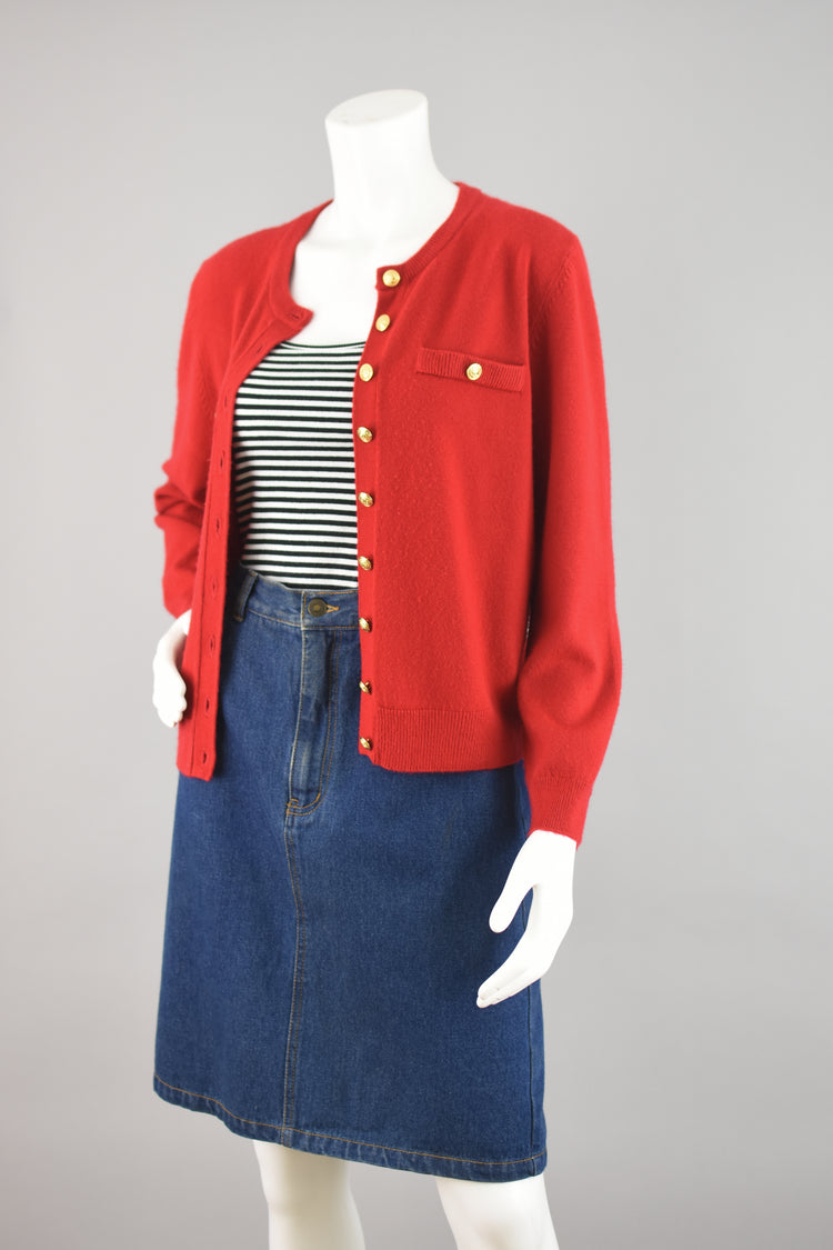 80s Red Cardigan with Crest Buttons, Petite Medium