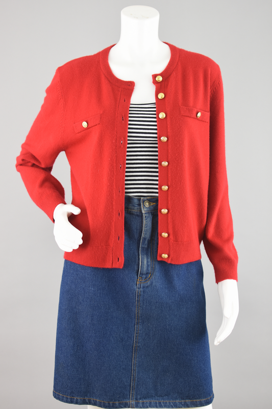 80s Red Cardigan with Crest Buttons, Petite Medium