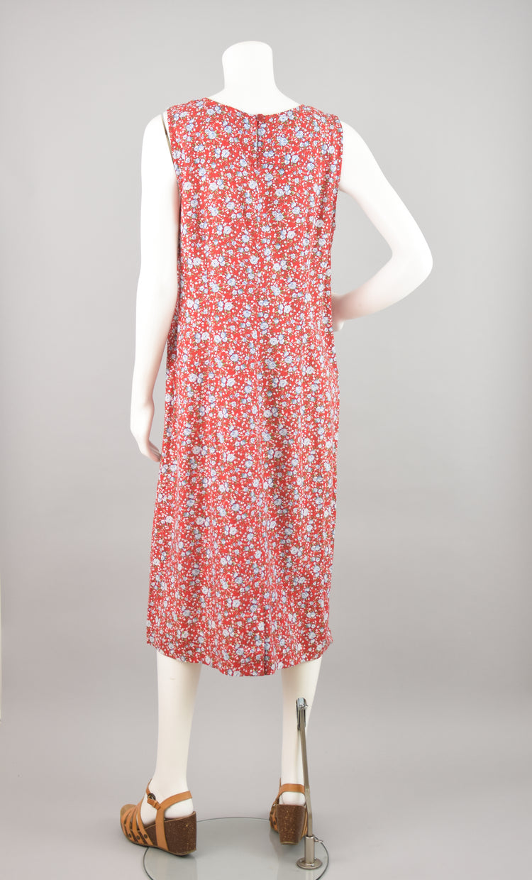 90s Red Floral Sleeveless Maxi Linen Dress Women's Large