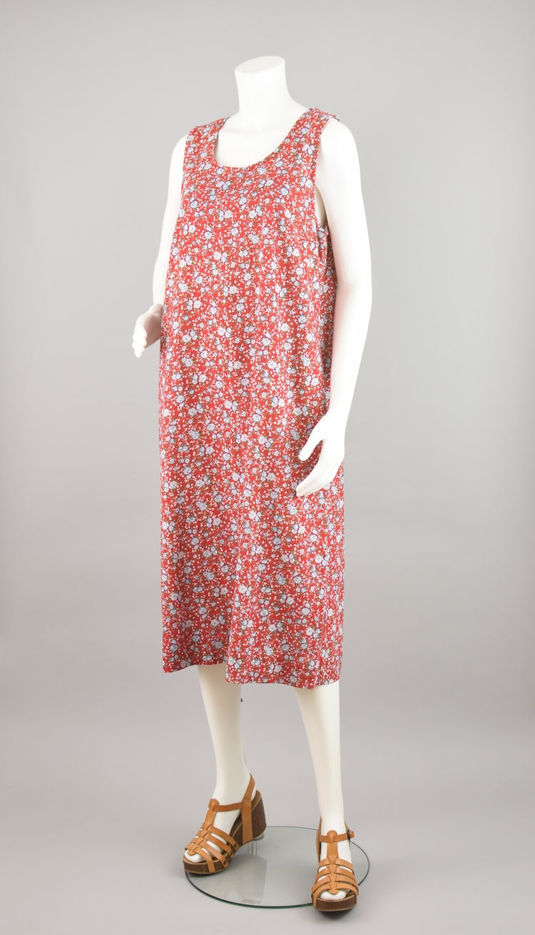 90s Red Floral Sleeveless Maxi Linen Dress Women's Large