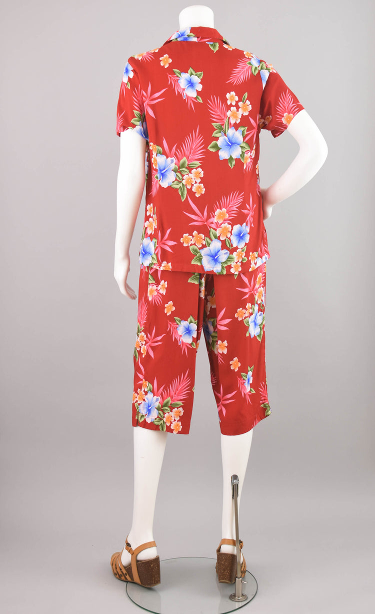 90s Hawaiian Red Floral Top & Capri Pants Set, Women's Medium