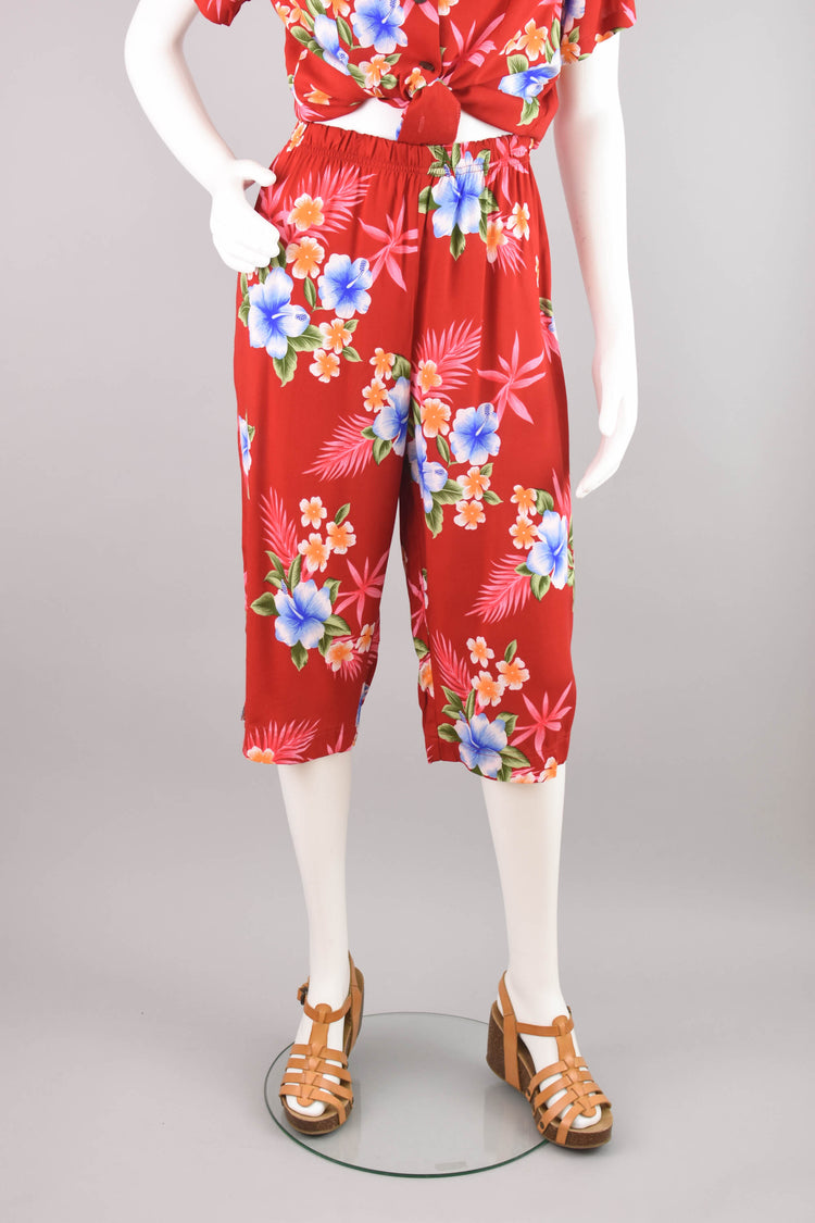 90s Hawaiian Red Floral Top & Capri Pants Set, Women's Medium