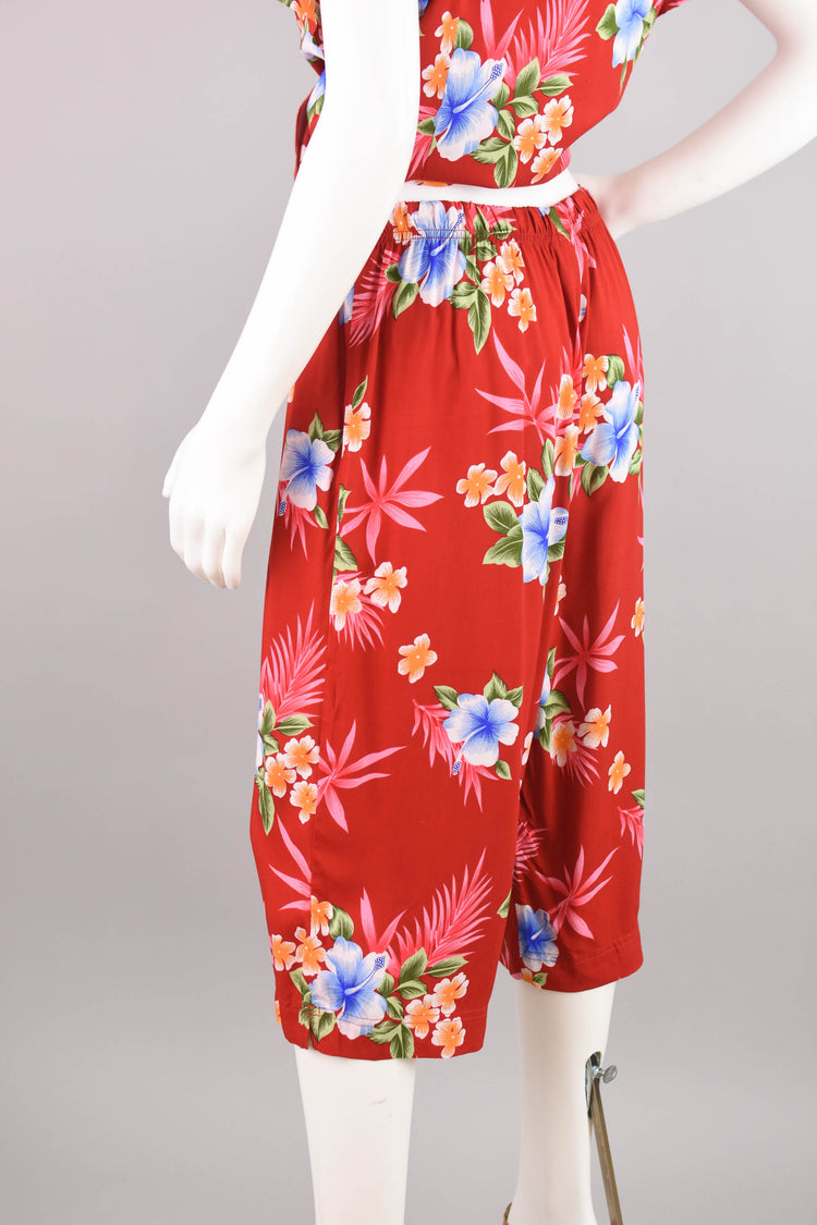 90s Hawaiian Red Floral Top & Capri Pants Set, Women's Medium