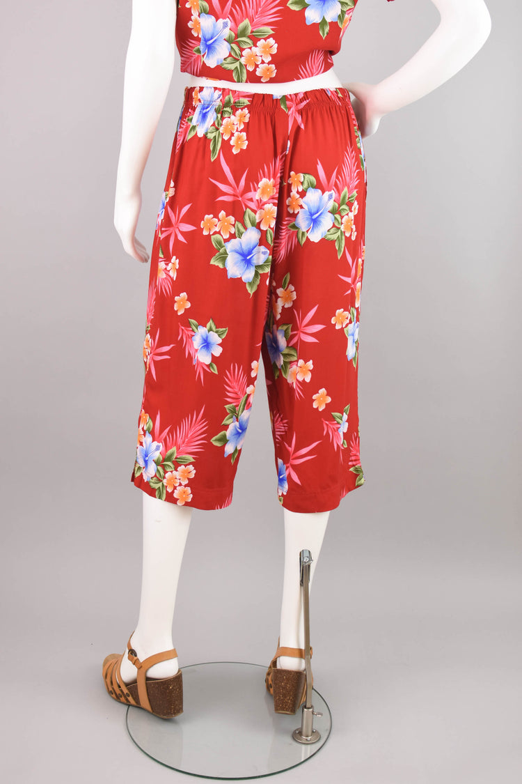 90s Hawaiian Red Floral Top & Capri Pants Set, Women's Medium