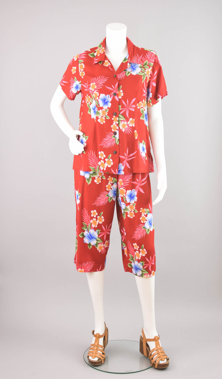 90s Hawaiian Red Floral Top & Capri Pants Set, Women's Medium