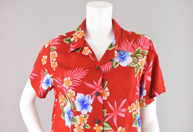 90s Hawaiian Red Floral Top & Capri Pants Set, Women's Medium