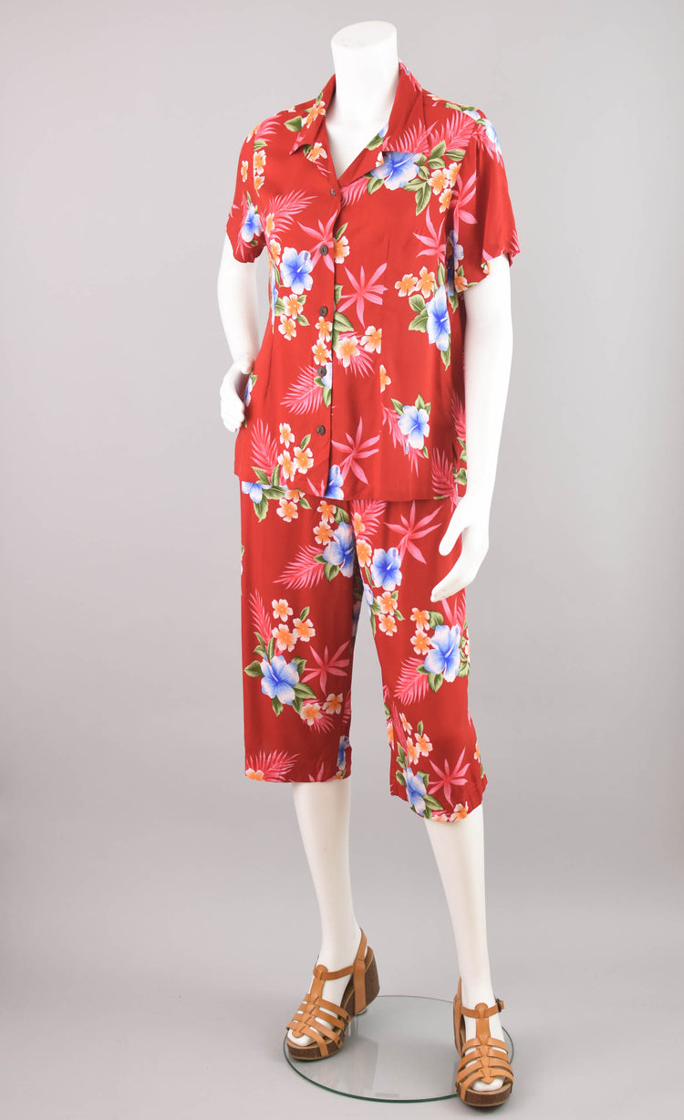 90s Hawaiian Red Floral Top & Capri Pants Set, Women's Medium