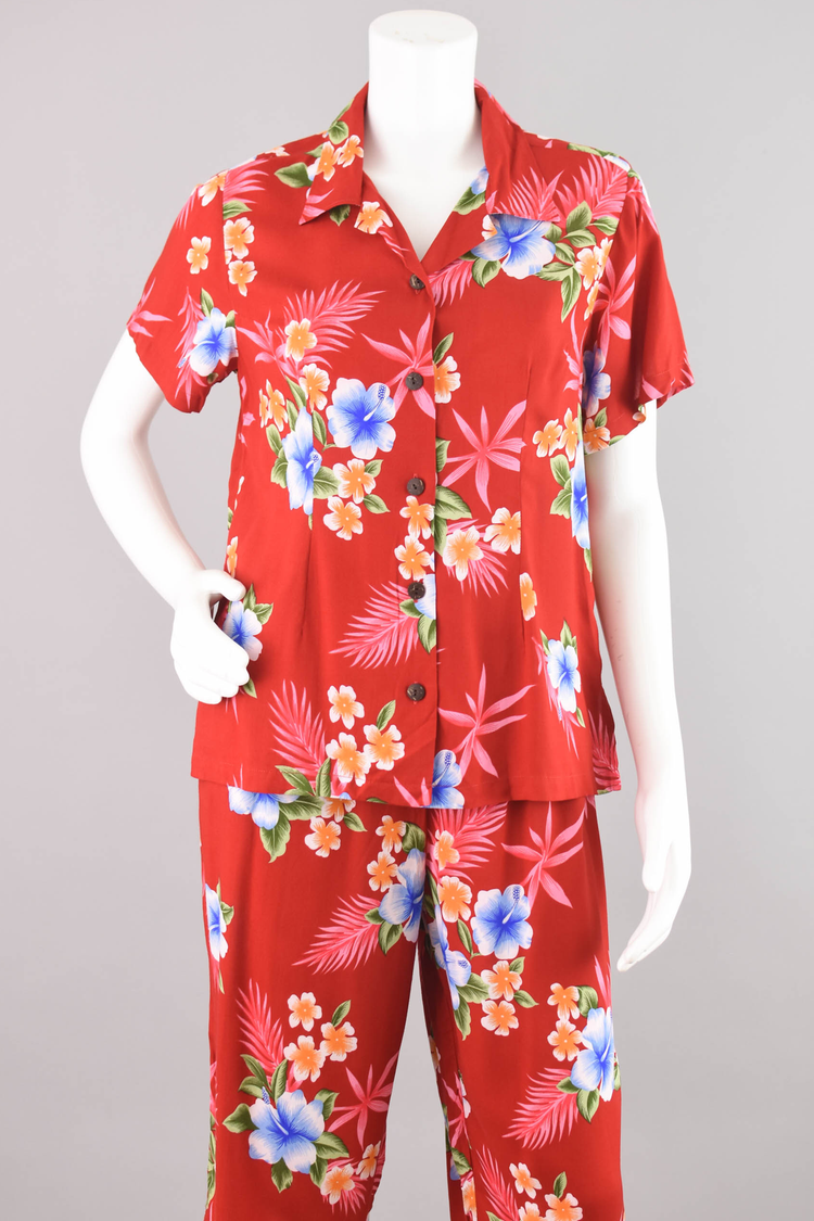 90s Hawaiian Red Floral Top & Capri Pants Set, Women's Medium