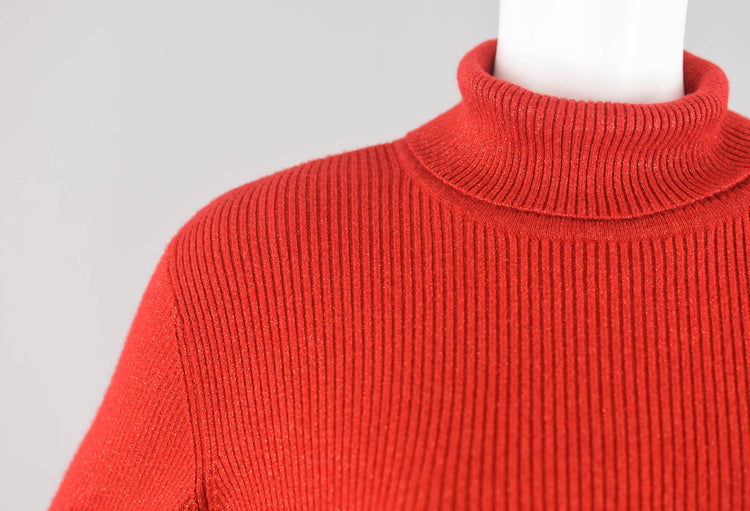 90s Metallic Red Ribbed Turtleneck, Women's Extra Large