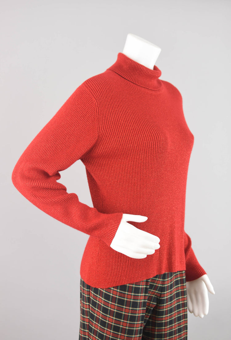 90s Metallic Red Ribbed Turtleneck, Women's Extra Large