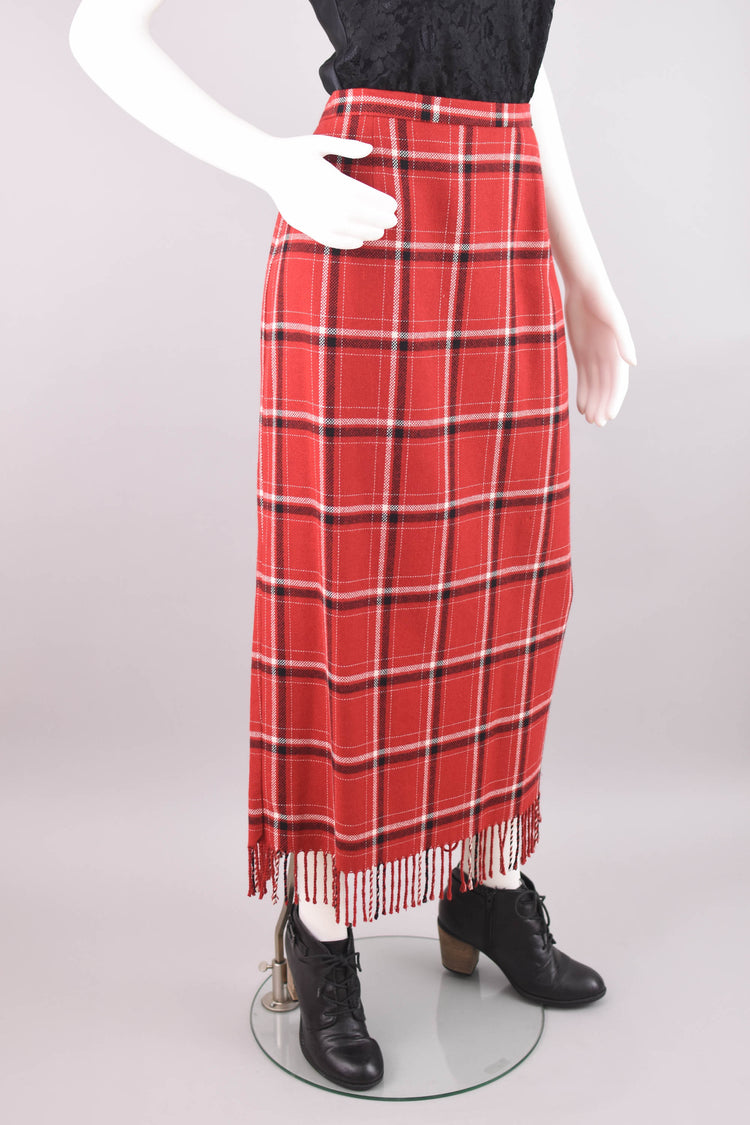 90s Red Plaid Skirt with Fringe, Women's Size 16, 34" Waistline