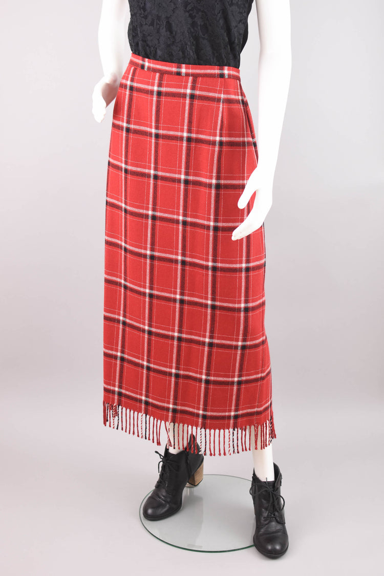 90s Red Plaid Skirt with Fringe, Women's Size 16, 34" Waistline