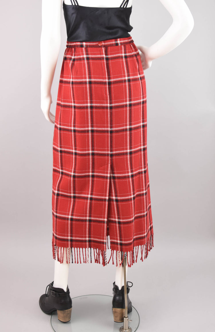 90s Red Plaid Skirt with Fringe, Women's Size 16, 34" Waistline