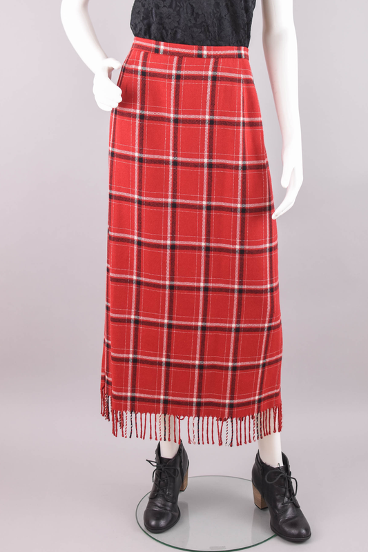 90s Red Plaid Skirt with Fringe, Women's Size 16, 34" Waistline