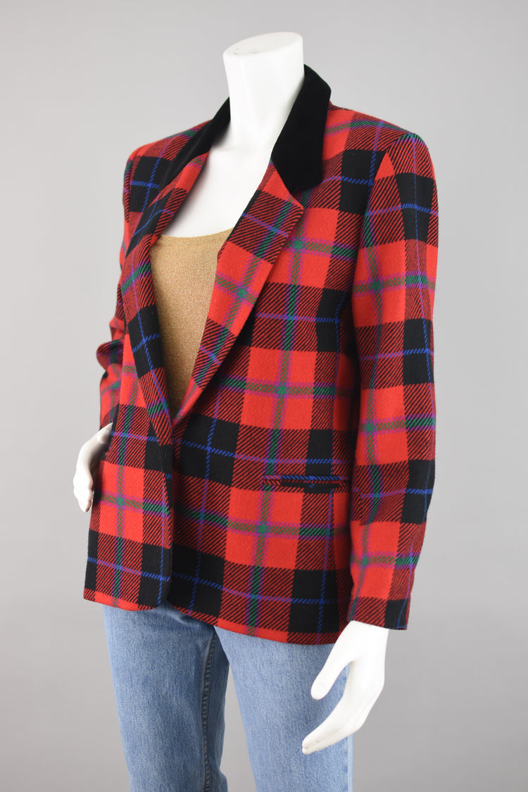 90s Red Tartan Plaid Blazer with Velvet Collar Women's Petite Size 10