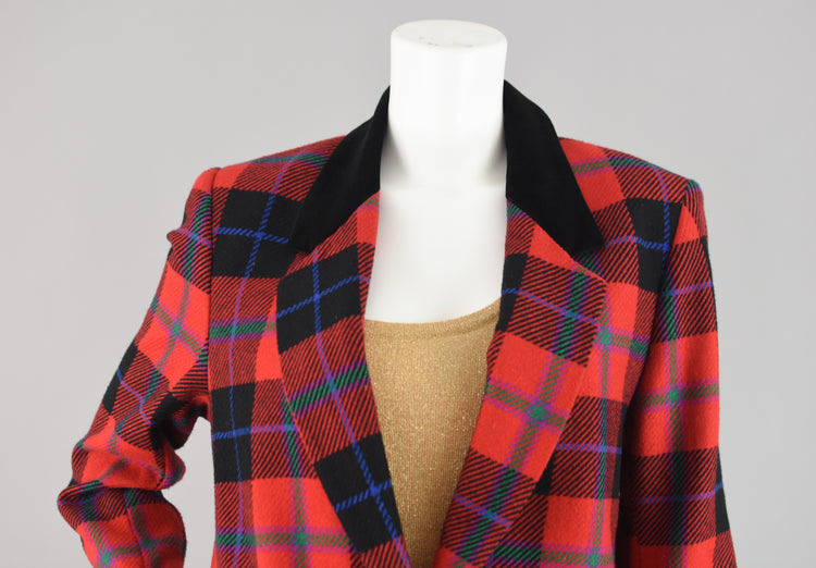 90s Red Tartan Plaid Blazer with Velvet Collar Women's Petite Size 10