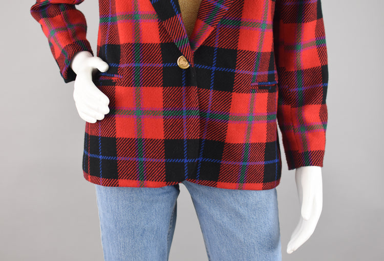 90s Red Tartan Plaid Blazer with Velvet Collar Women's Petite Size 10